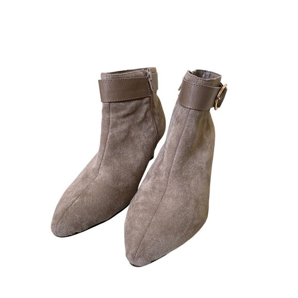 Taupe Faux Suede Ankle Boots With Gold Buckle - Picture 5 of 7